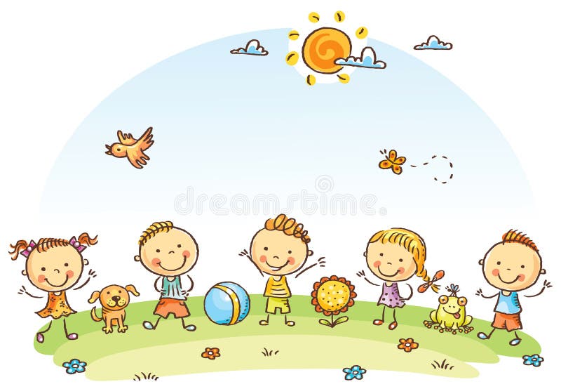 Happy cartoon kids outdoors on a green meadow