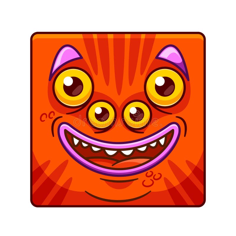 Happy Cartoon Monster Character Face with a Wide Smile, Square Icon Or Avatar. Funny Beast with Bulging Multiple Eyes vector illustration