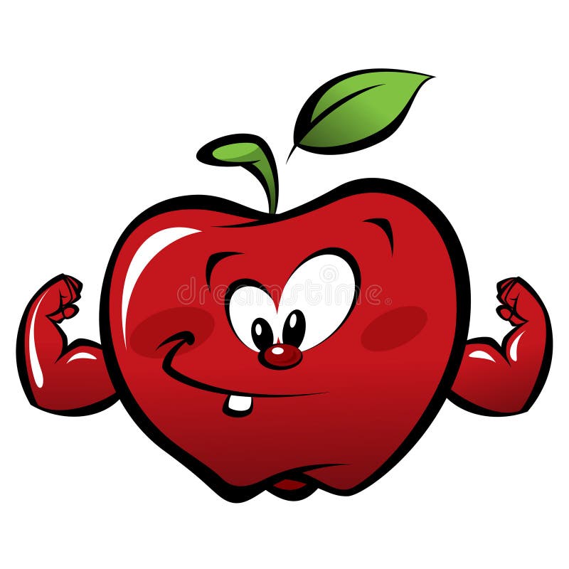 Happy cartoon strong red apple making a power gesture royalty free illustration