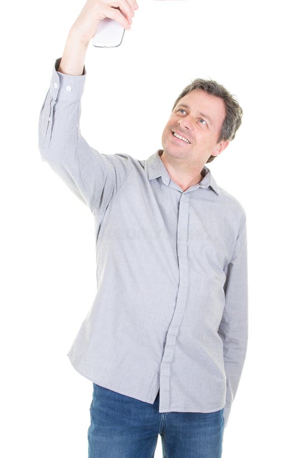 Happy casual man taking selfie over white background royalty free stock photos
