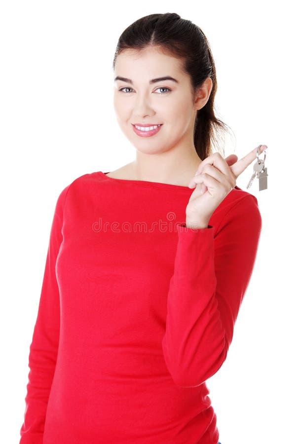 Happy Casual Woman Holding Home Keys. Stock Image - Image of expression ...