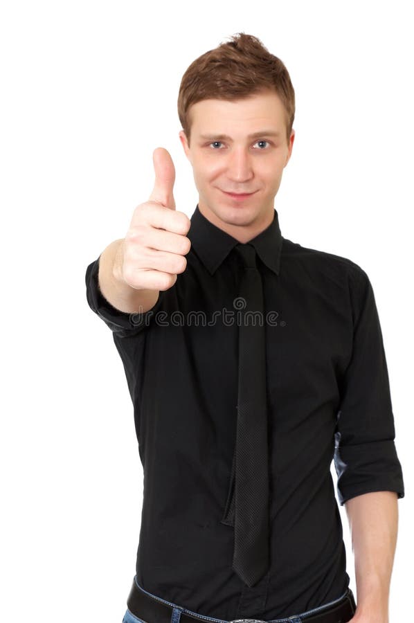 Happy casual young man showing thumb up