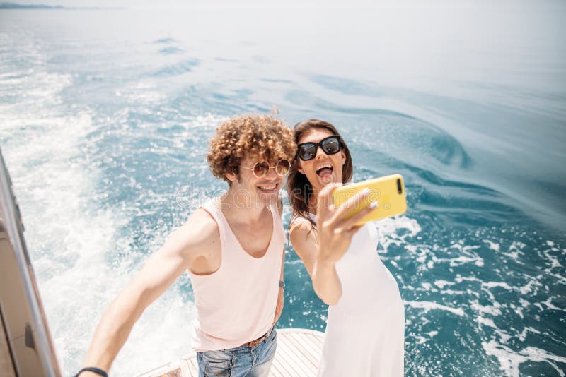 Happy Caucasian Couple Taking Selfie Traveling on Vacation Stock Image 