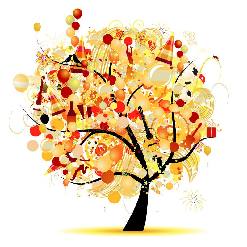 Happy celebration, funny tree with holiday symbols stock illustration