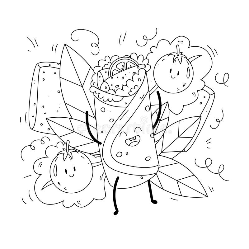 Happy Character Food Taco. Mexican Fast Food Coloring Page. Spicy