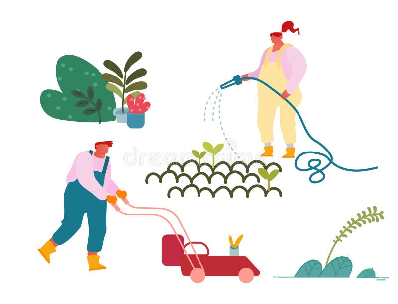 Man Mowing Lawn, Woman Farmer or Gardener Planting and Caring of Plants.