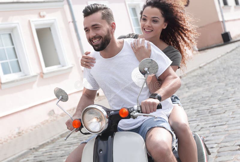 Happy Young Couple Having Fun on a Scooter Stock Image - Image of beard ...