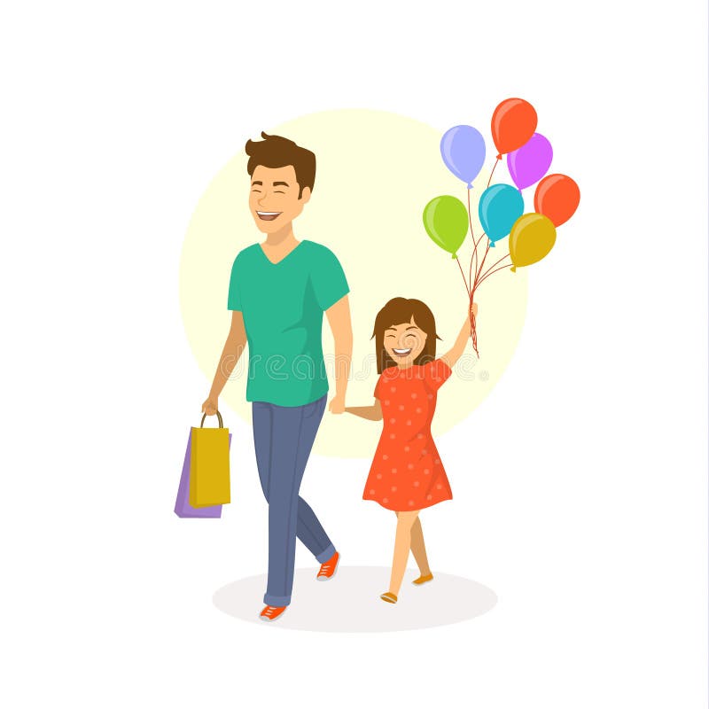 Happy cheerful laughing father and daughter walking together with balloons stock illustration Happy cheerful laughing father and daughter walking together with balloons stock illustration