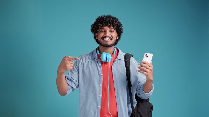 Happy Cheerful Young Latin Spanish Man Recommend Awesome Podcast or Happy Cheerful Young Latin Spanish Man Recommend Awesome Podcast or