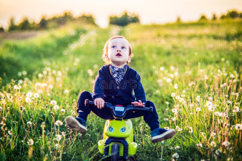 Happy child boy in a summer dandelion field riding