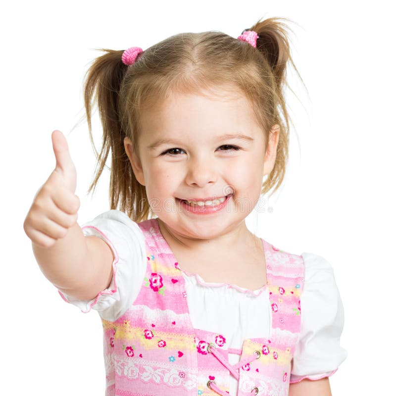 Šťastné dítě dívka s rukou palec nahoru izolované na bílém pozadí.