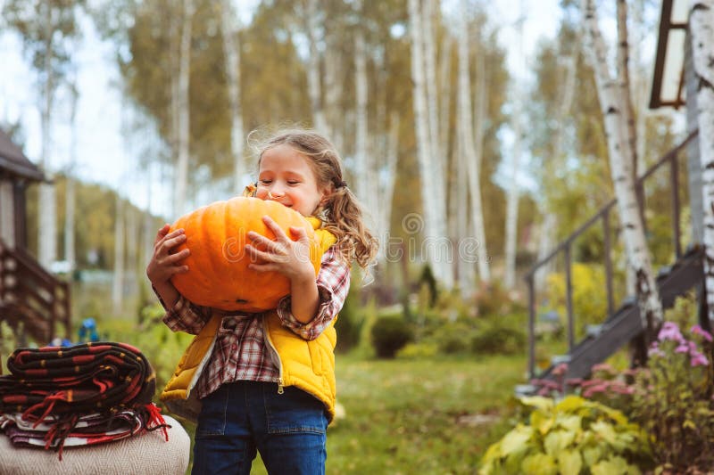 Happy child girl picking fresh pumpkins on the farm. Country living concept