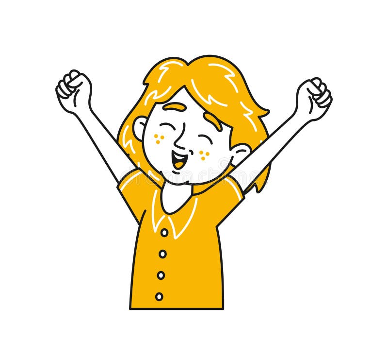 Happy Child Raising Arms In Joy. Charming Cartoon Kid Showing Excited Delight. Vector Illustration Captures A Fun vector illustration