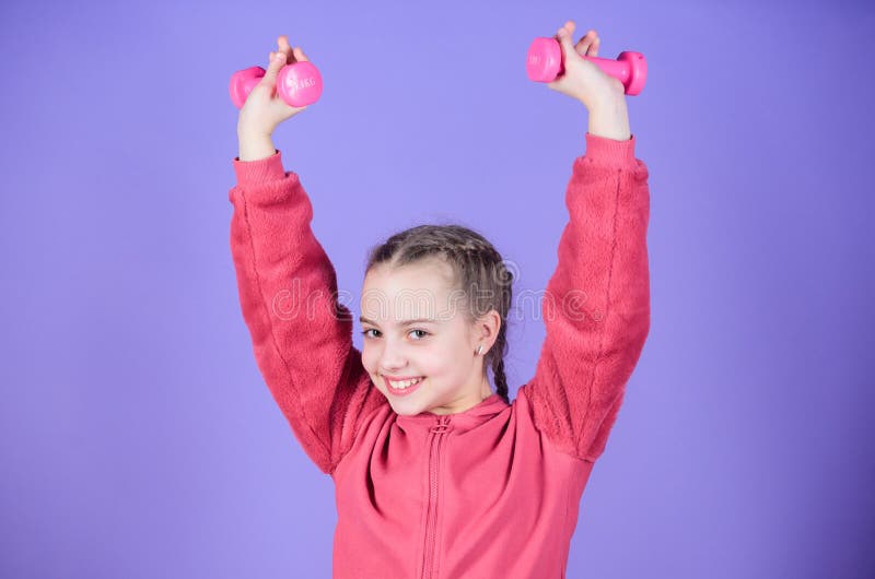 Happy Child Sportsman with Dumbbell. Workout of Small Girl Hold ...