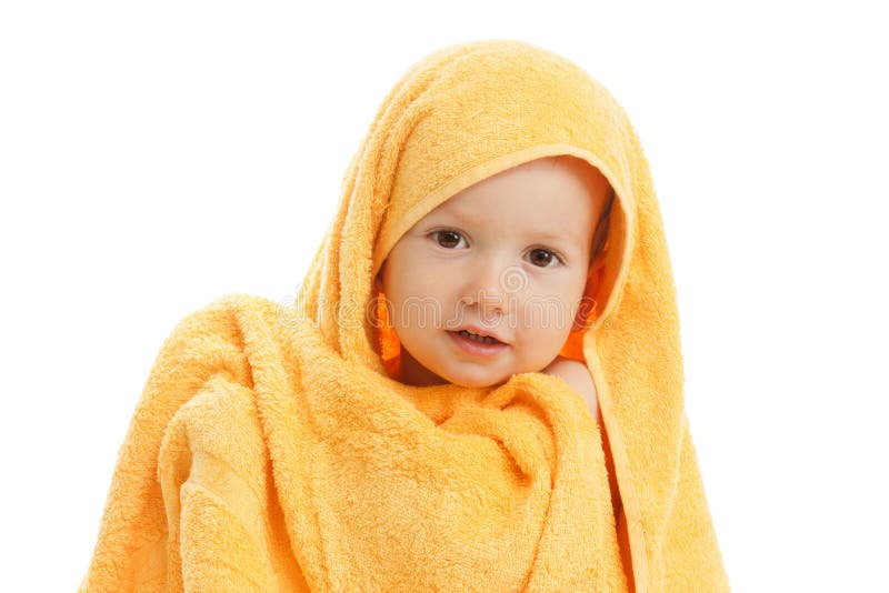 Happy Child Wearing Yellow Towel Stock Photo - Image of home, bath ...