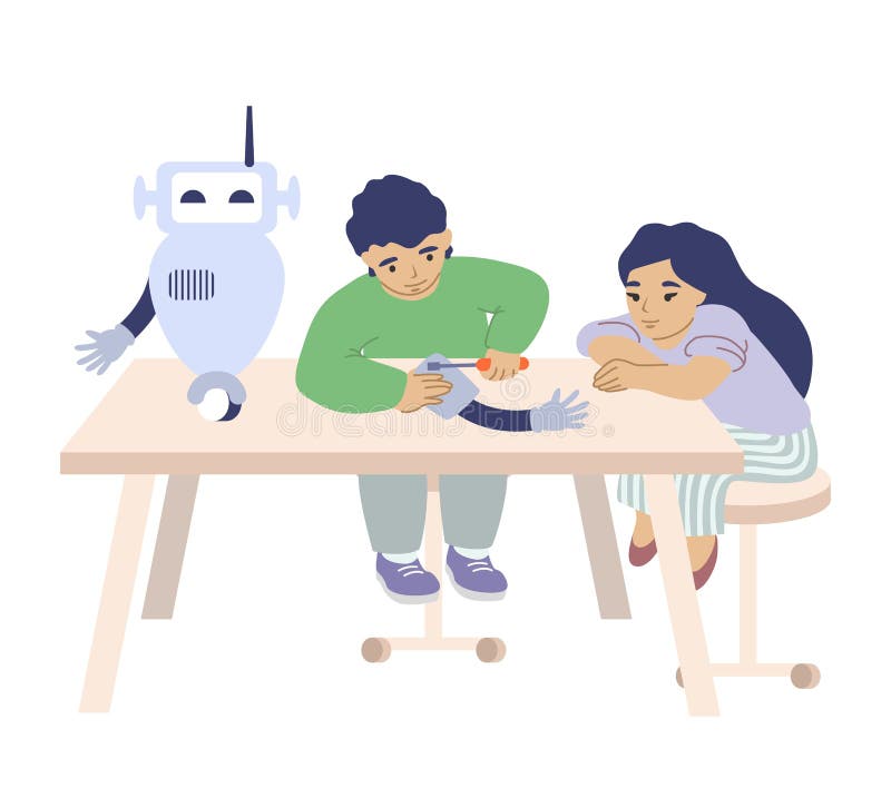 Happy children, boy and girl making smart robot, flat vector illustration. Robotics school, class, kid engineering club. royalty free illustration