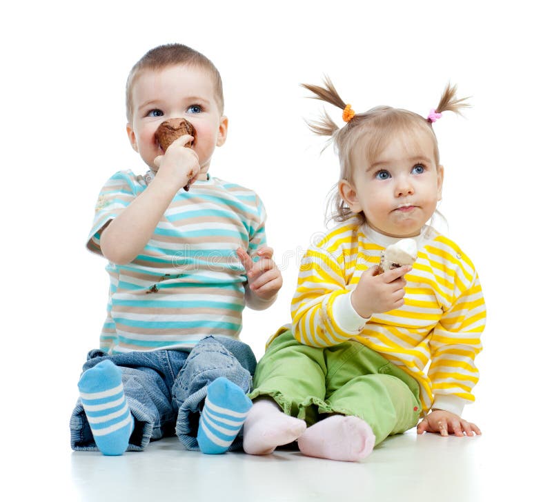 Happy children girl and boy with ice cream