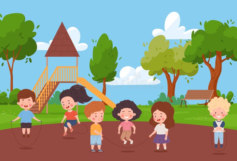 Happy Children Jumping Rope at Playground Flat Style, Vector ...