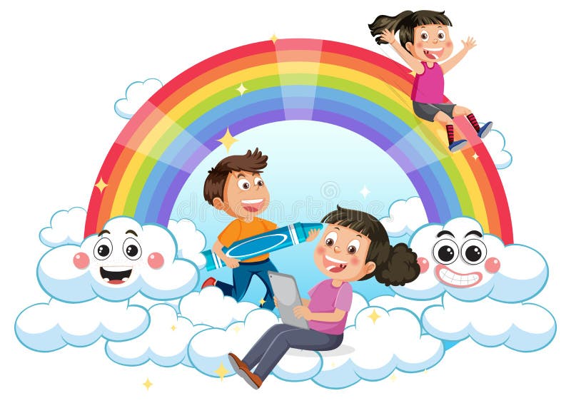 Happy Children with Rainbow Stock Vector - Illustration of joyful ...