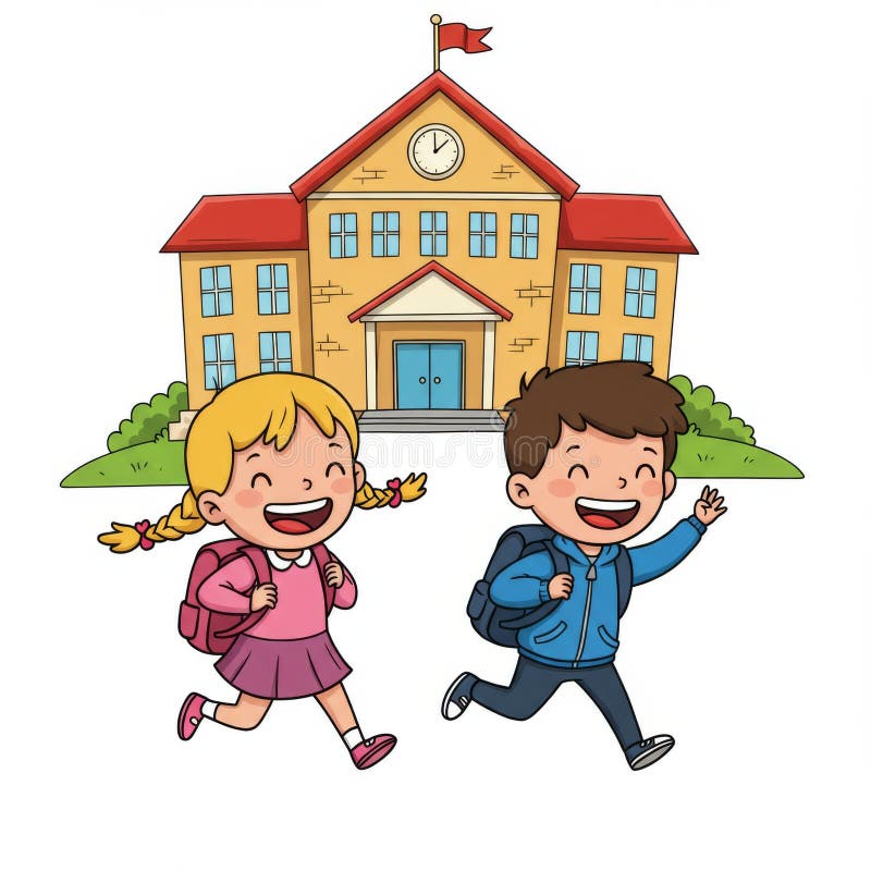 Happy Children Running to School Building royalty free illustration