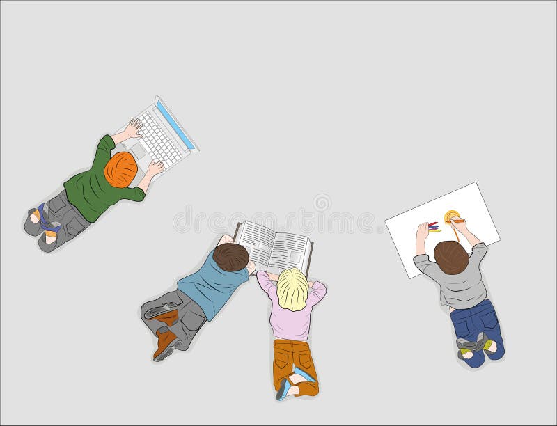 Happy children. Top view. Each child is busy with their own business. reading a book, drawing, working with a computer. vector ill stock illustration