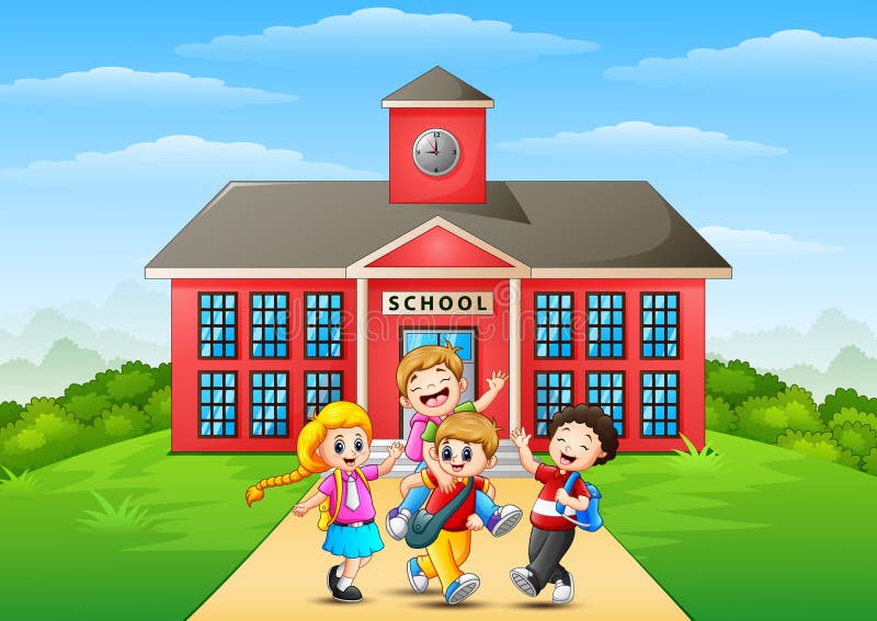 Happy Childrens Cartoon in Front of School Building Stock Vector -  Illustration of people, learn: 96500956