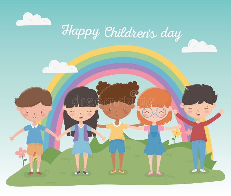 Happy childrens day boys and girls rainbow field outdoors