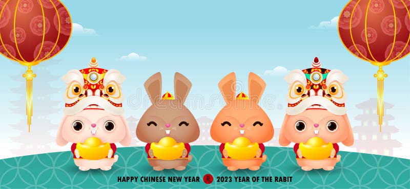 Happy Chinese New Year 2023 Banner, Four Little Rabbit Holding Golden