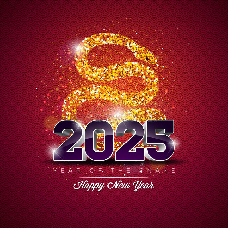 Happy Chinese New Year 2025 Banner with Glittered Snake Zodiac Sign and Falling Confetti on Shiny Background. Lunar New royalty free illustration