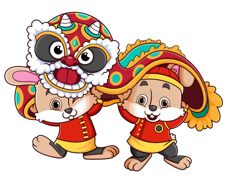 Happy Chinese New Year Lion Dance with two rabbit character of illustration