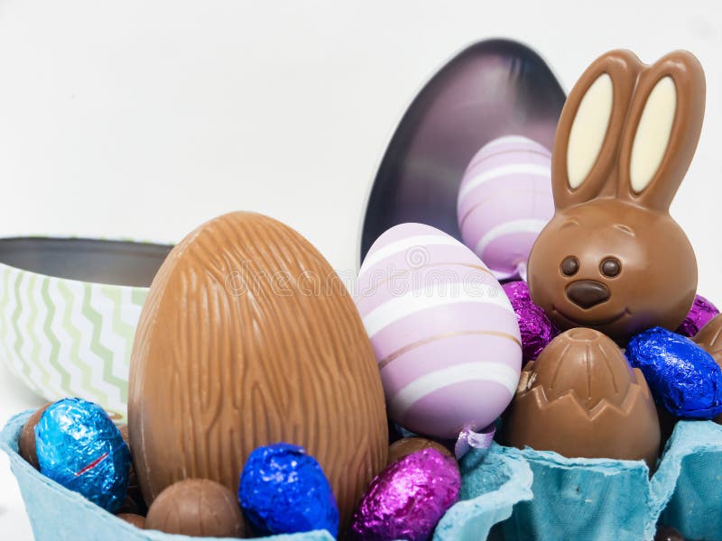 Happy Chocolate Easter Bunny among Easter Eggs Stock Image Image of
