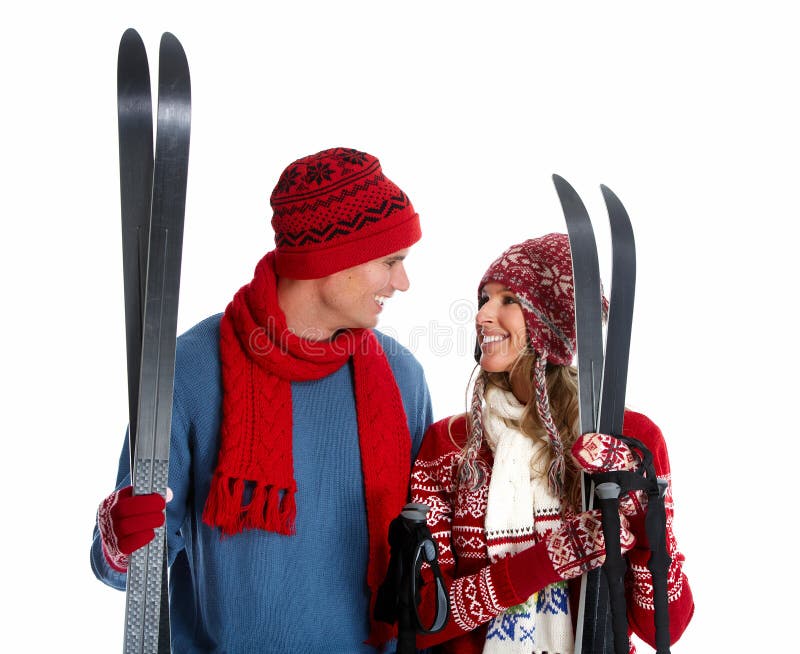 Happy christmas couple with ski. royalty free stock image Happy christmas couple with ski. royalty free stock image