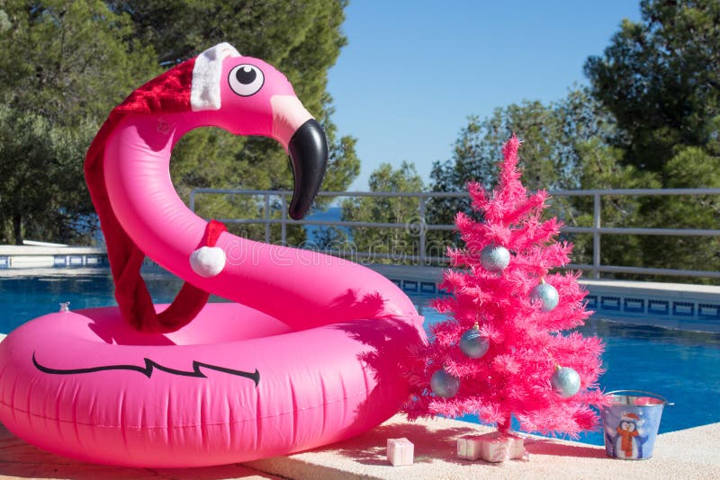 Happy Christmas Holidays. A flamingo buoy wearing Santa hat with a pink Christmas tree by the swimming pool. Merry Christmas Postcard with copy space royalty free stock image