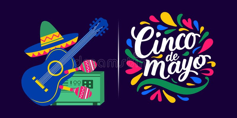 Happy Cinco de Mayo șablon de design cu chitară Mexican pălărie și alte ornamente tipice. vector illustration