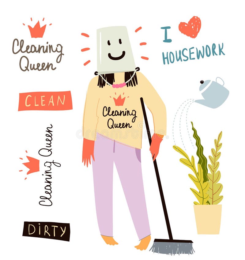 Fun Cleaning Lady or Housekeeper or a Woman Doing daily Housework Design.  Collection of Hand Drawn Cleaning Quotes and Stock Vector - Illustration of  household, drawing: 184985596
