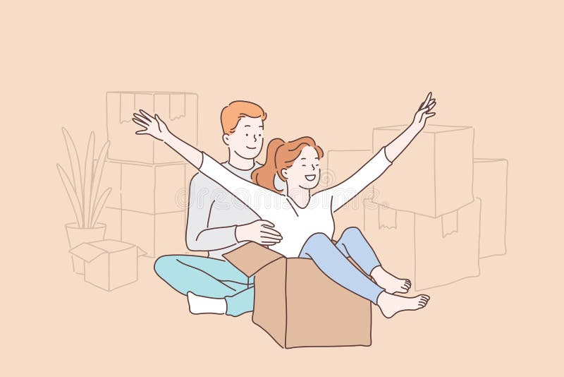 Happy cohabitation, fun relocation concept