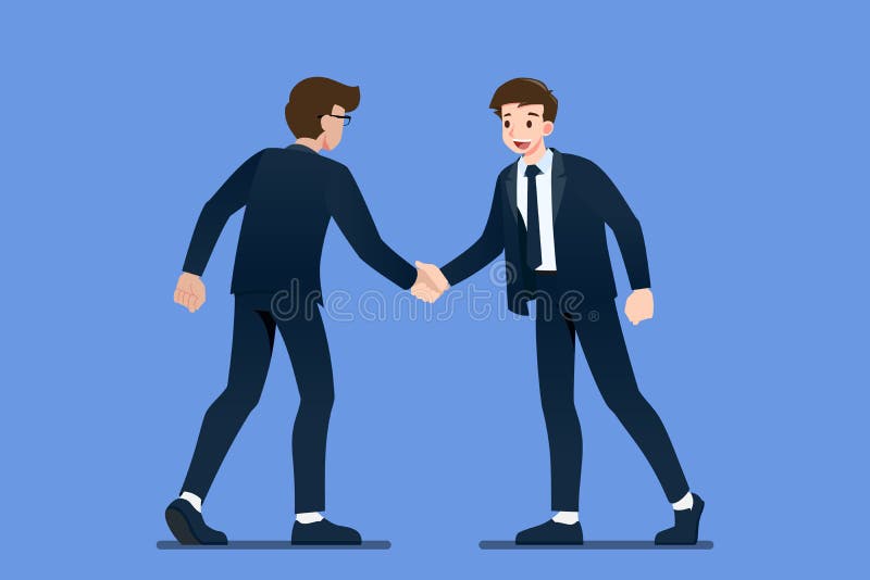 Happy confident businessman character are shaking hand each other. Business people first meeting and greeting with firm handshake