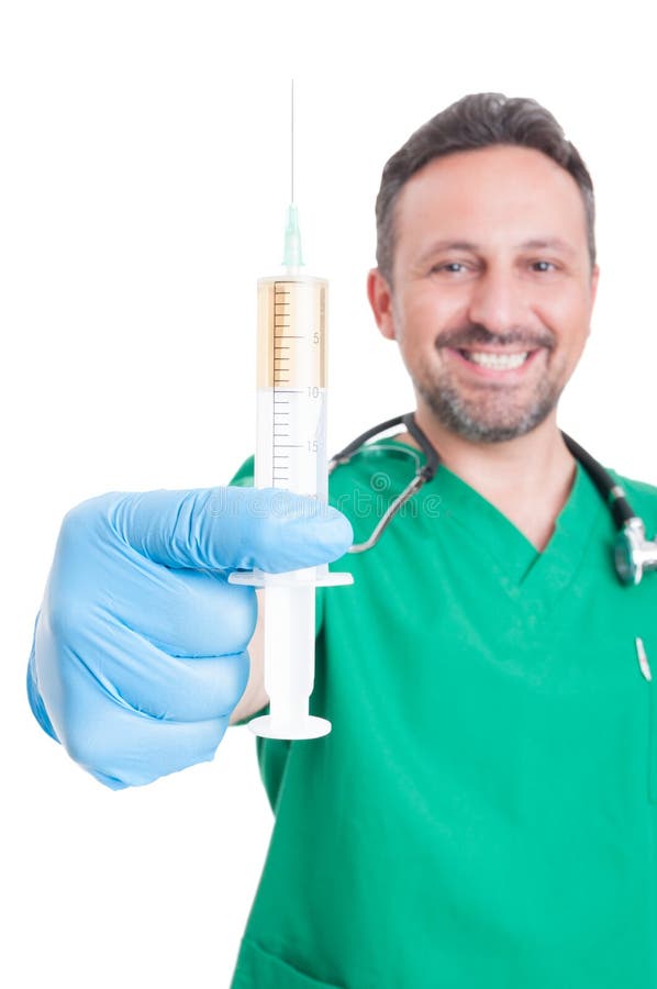 Happy and Confident Doctor Holding a Syringe Stock Photo Image of