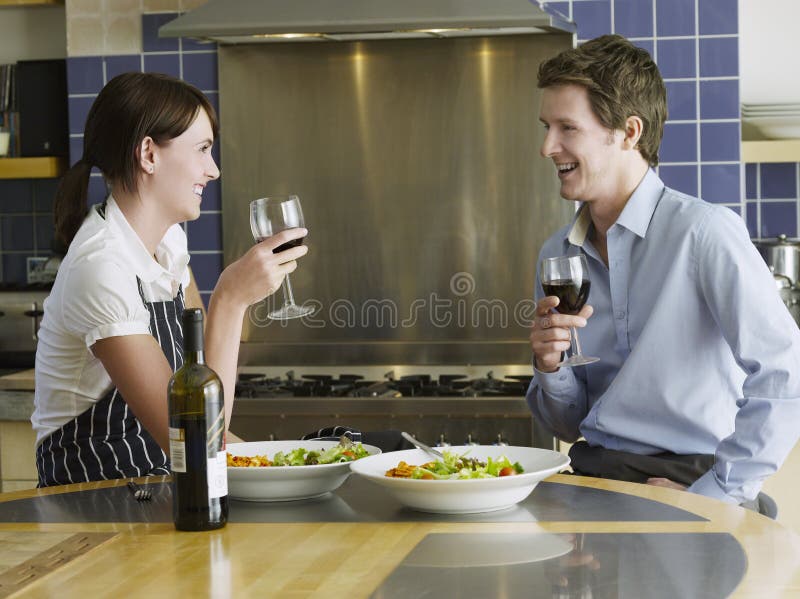 Happy Couple Drinking Wine in Kitchen Stock Image Image of healthy