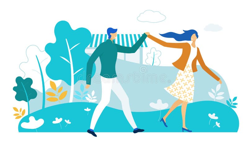 Happy Couple Holding Hands Walking in City Park royalty free illustration Happy Couple Holding Hands Walking in City Park royalty free illustration