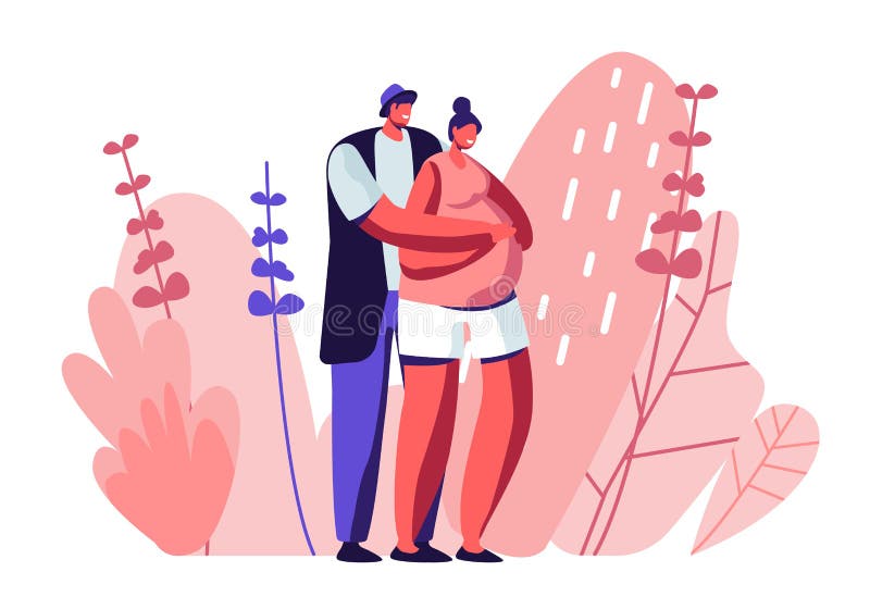 Happy Couple of Husband and Wife Prepare Become Parents. Man Embracing Pregnant Woman with Big Belly. Young Family royalty free illustration Happy Couple of Husband and Wife Prepare Become Parents. Man Embracing Pregnant Woman with Big Belly. Young Family royalty free illustration