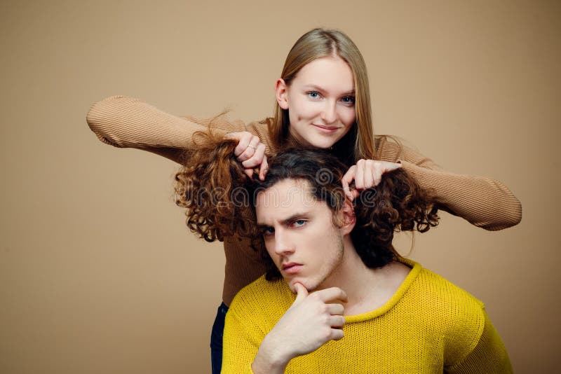Happy Couple in Love Studio Photo. Handsome Man with Long Wavy Hair and His Cute Girlfriend. Beautiful Girl Playing with Stock Image - Image of people, match: 178246203 Happy Couple in Love Studio Photo. Handsome Man with Long Wavy Hair and His Cute Girlfriend. Beautiful Girl Playing with Stock Image - Image of people, match: 178246203