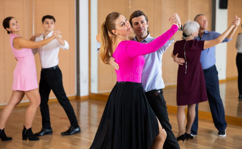 Happy Couple Performing A Paired Dance In Ballroom Stock Image Image Of Background Movement 