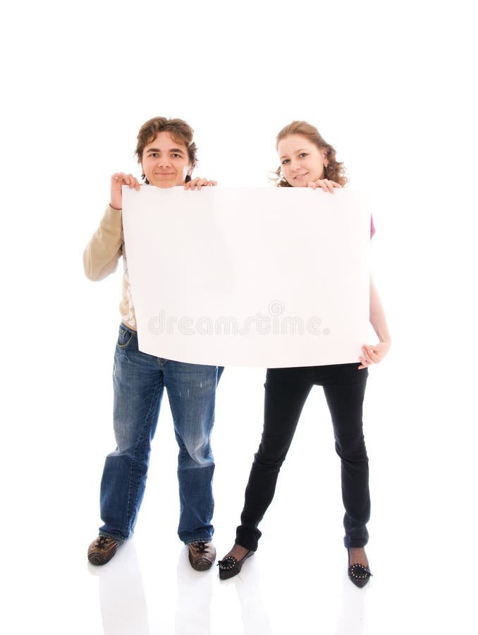 The happy couple with a poster isolated on a white