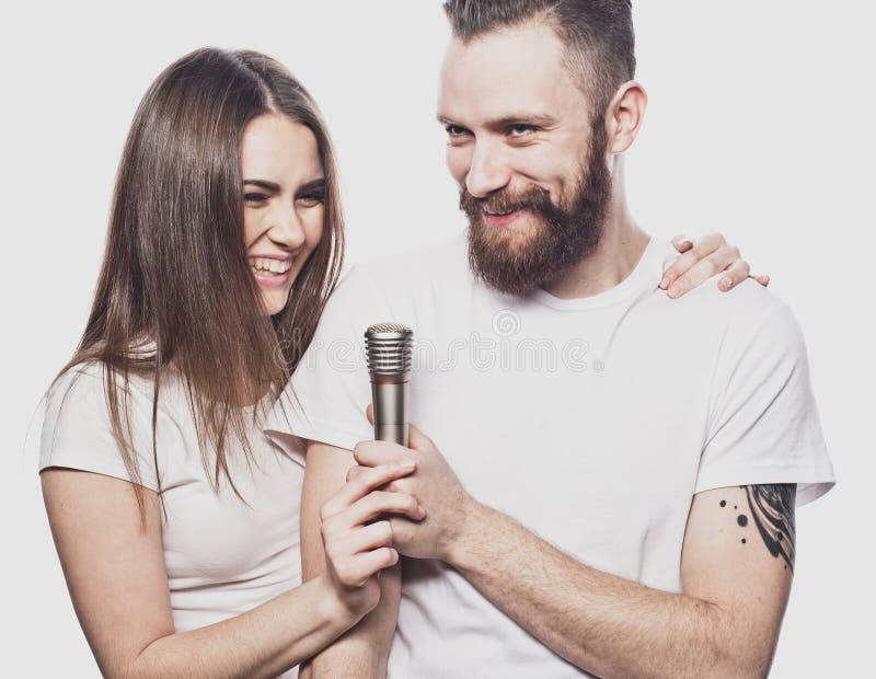 Happy Couple Singing in Karaoke Stock Photo Image of joyful