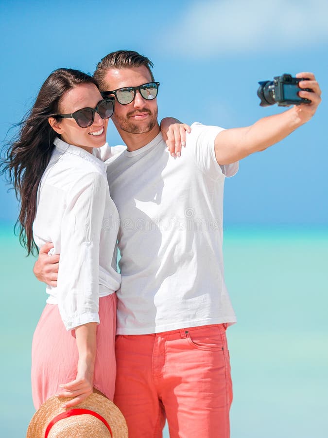 Happy Couple Taking A Selfie Photo On White Beach Two Adults Enjoying