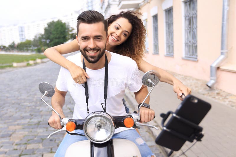 Happy Couple Traveling on Motorcycle.Travel Concept Stock Image - Image ...