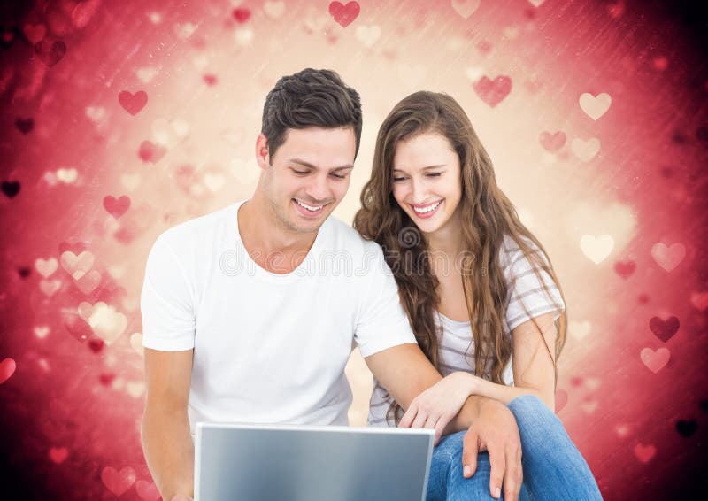 Happy couple using laptop stock illustration