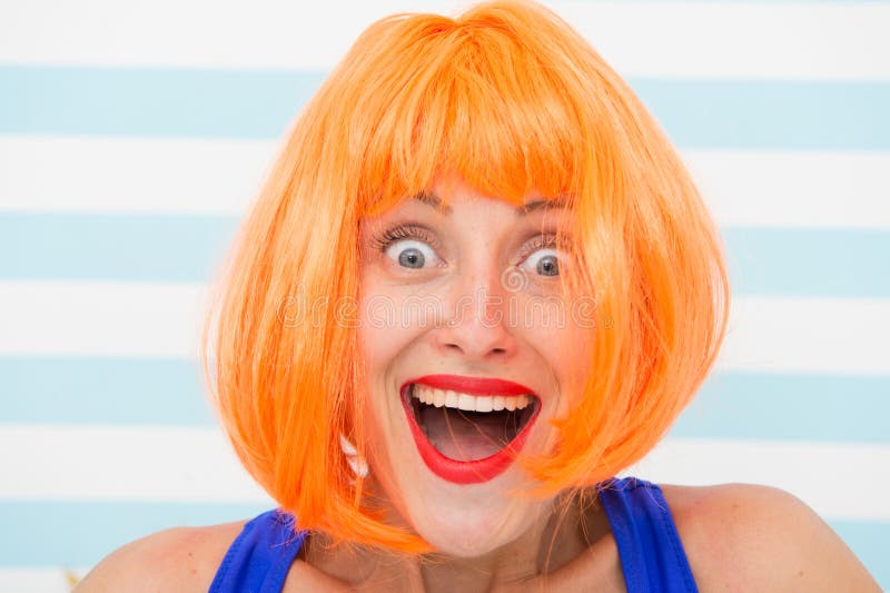 Happy crazy girl with omg or wow facial expression. happy girl with crazy look. wow. surprised happy girl with orange royalty free stock image Happy crazy girl with omg or wow facial expression. happy girl with crazy look. wow. surprised happy girl with orange royalty free stock image