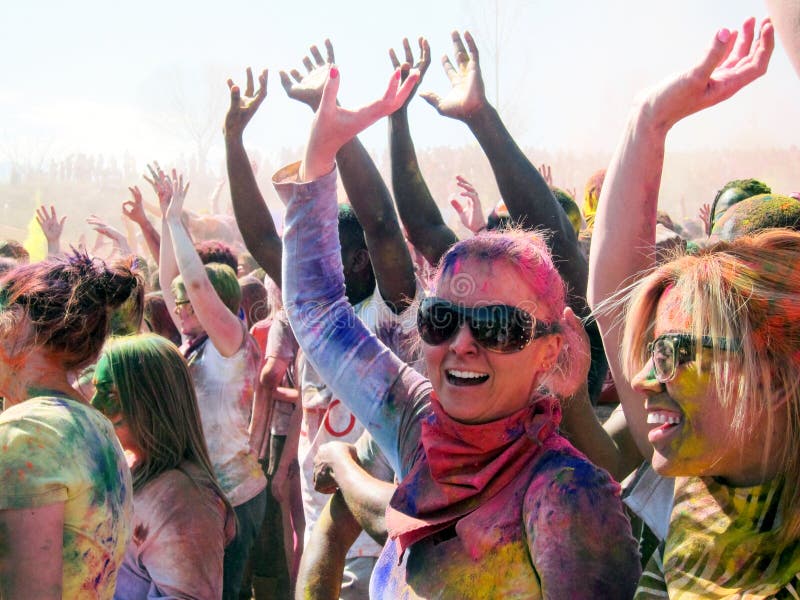 Happy Crowd Dancing at the Holi Color Festival in Spanish Fork, Utah